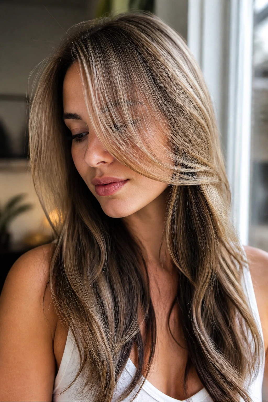 Close-up of a real woman with peekaboo lowlights hidden under long layered hair