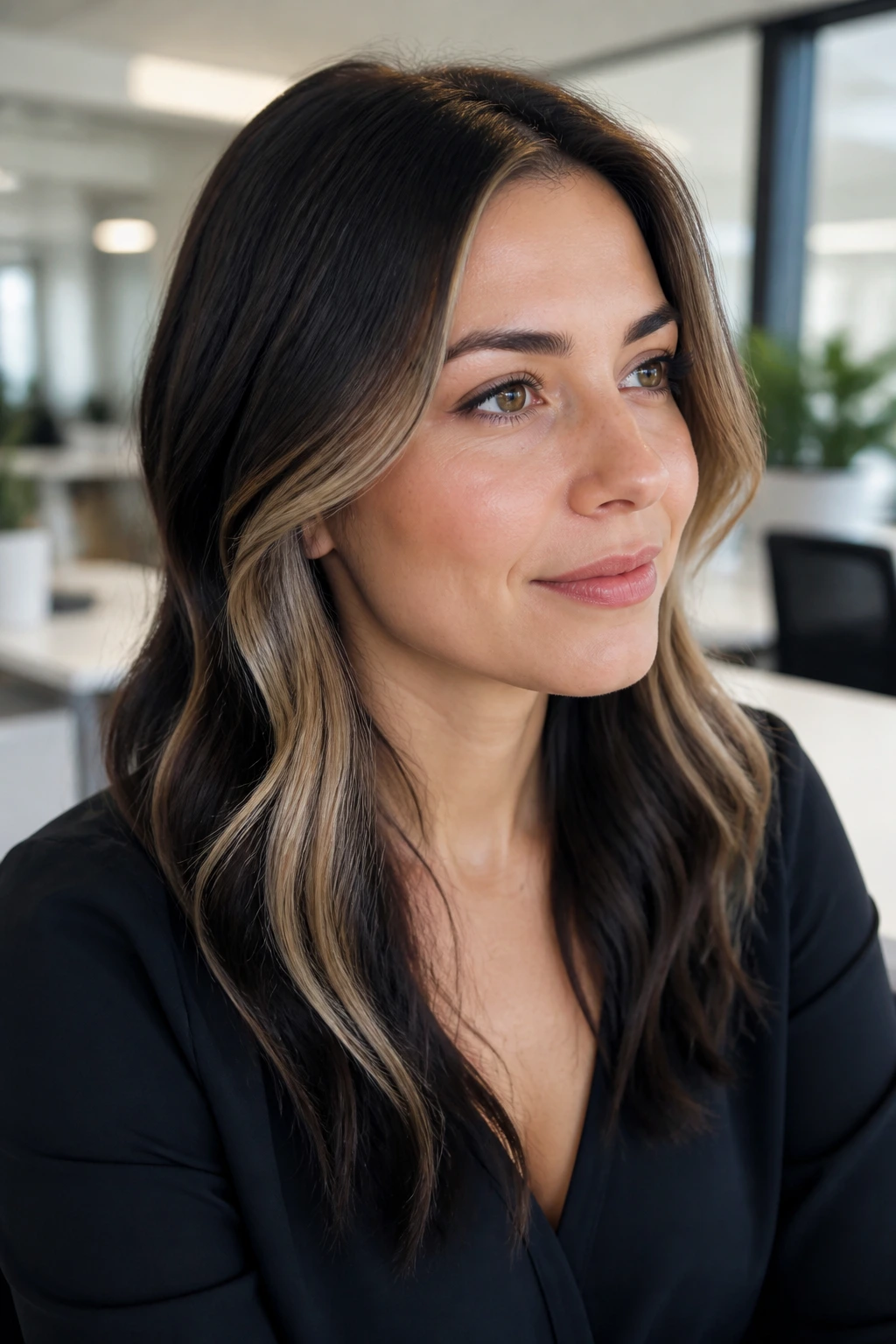 Close-up of subtle peekaboo money piece in office-friendly hair