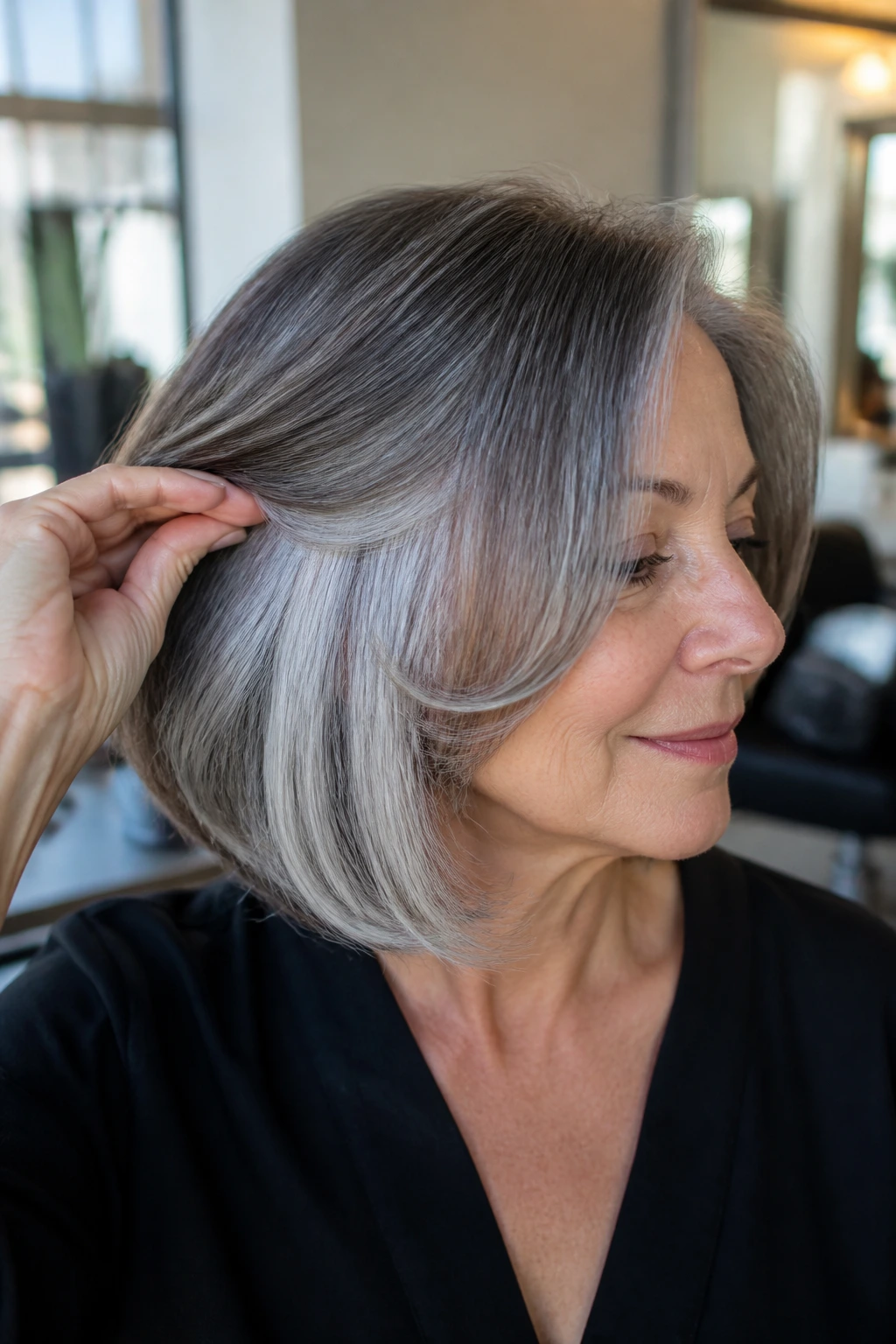 Close-up of a real woman's hair showing peekaboo silver panels underneath