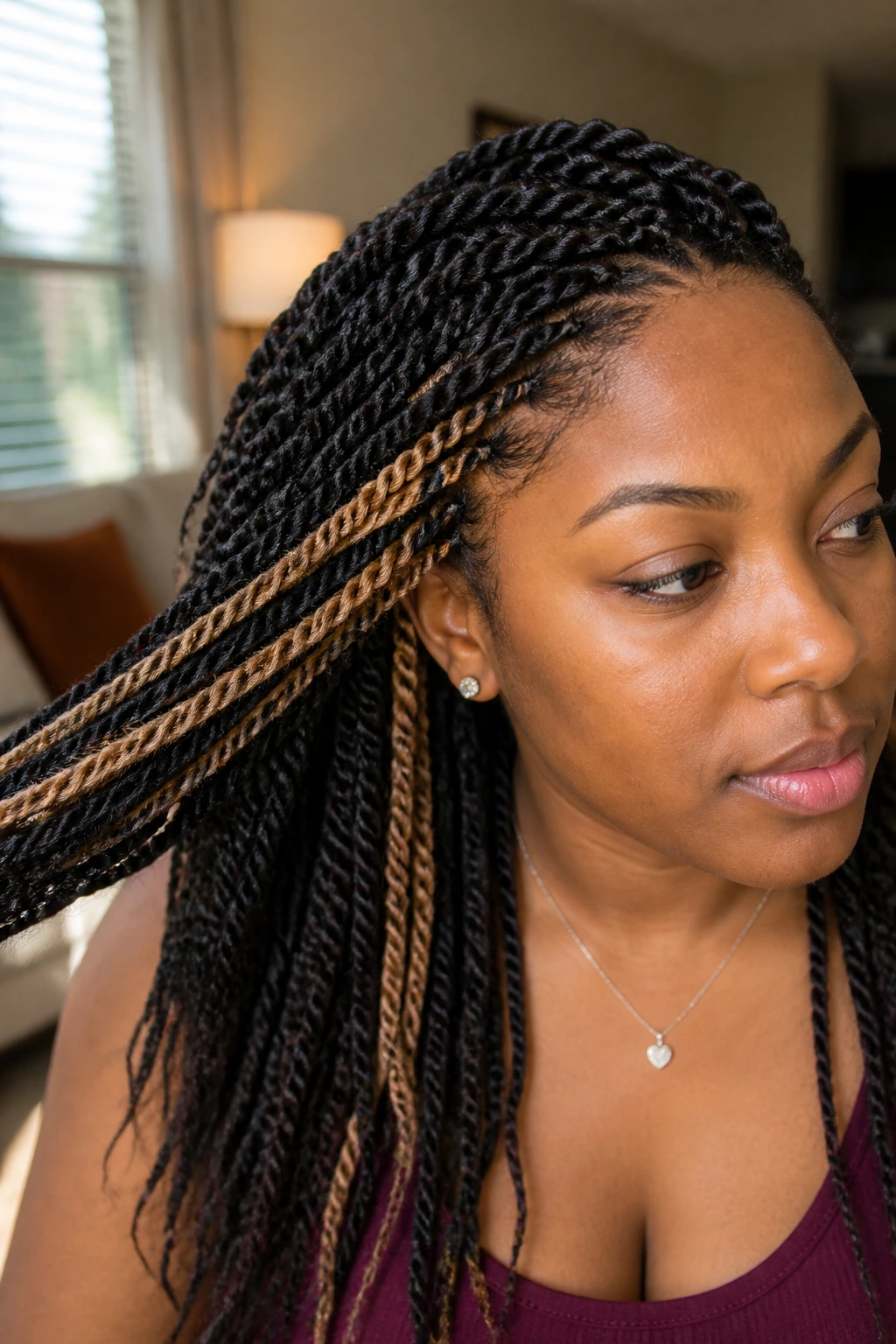 Close-up portrait of a woman with dark twists and blonde peekaboo panels.