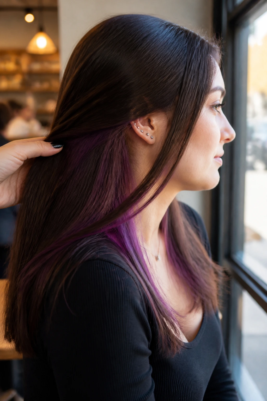 Side-profile of a real woman's hair with peekaboo panels under the top layer