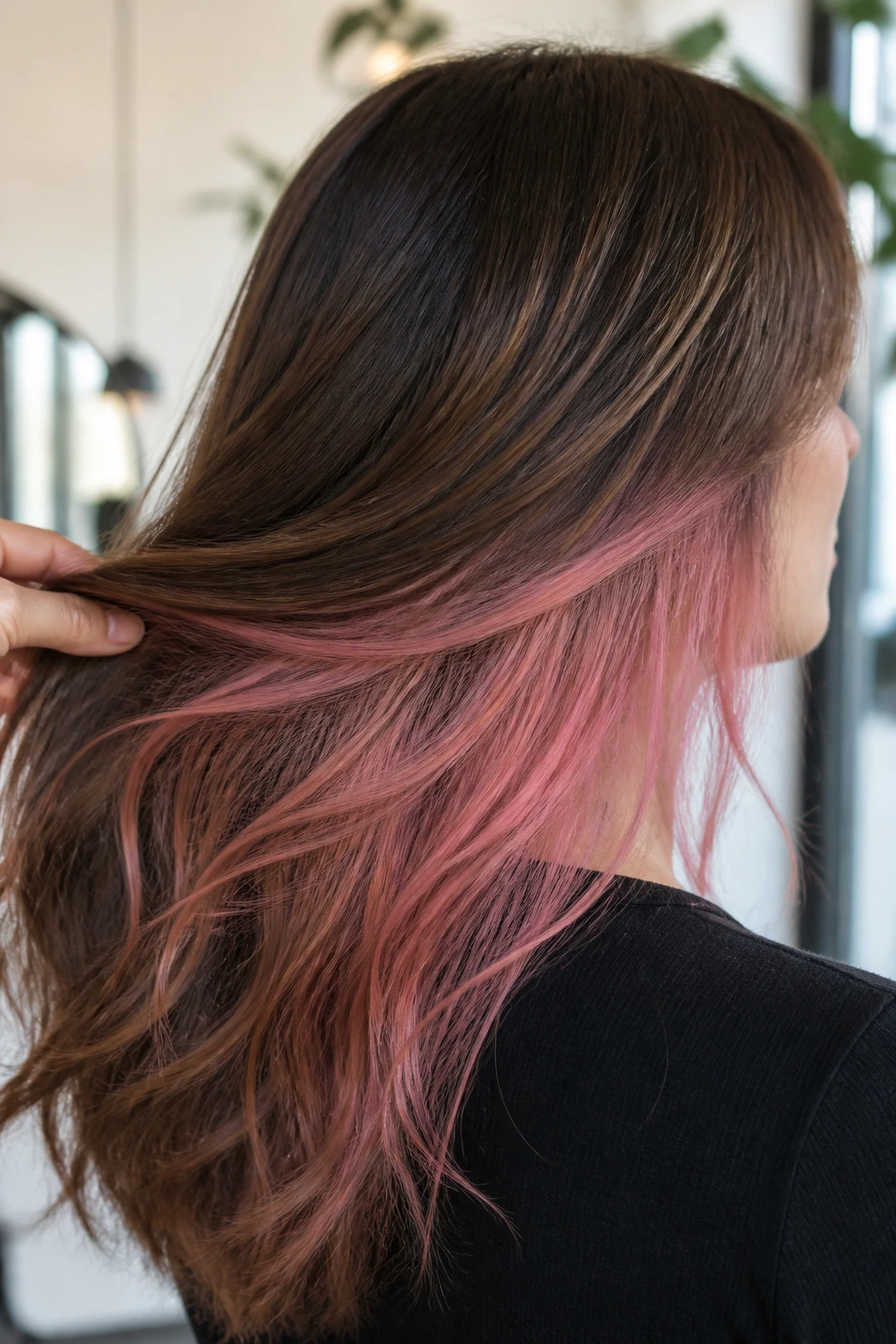 Back/side view of soft pink peekaboo panels under a calm outer layer