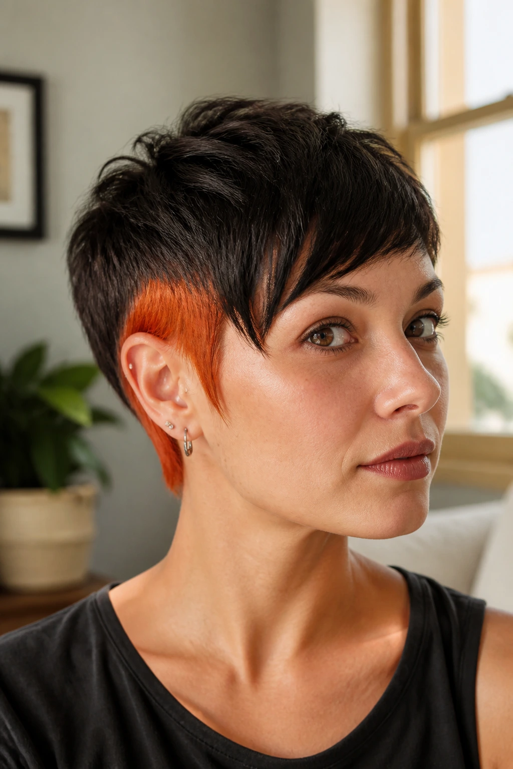 Close-up of two-tone pixie with peekaboo color underlayer