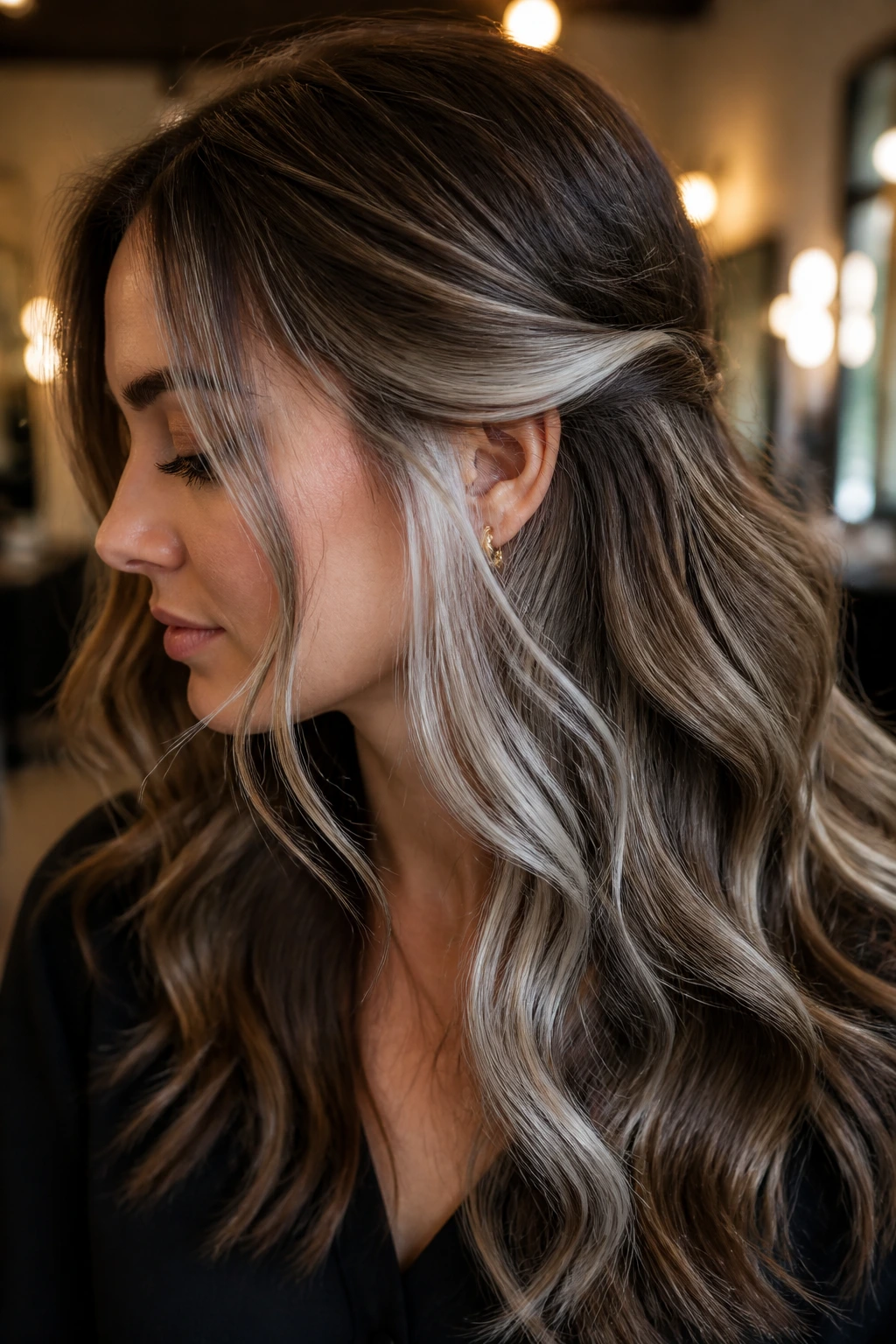 Close-up of a real woman with hidden platinum panels under waves