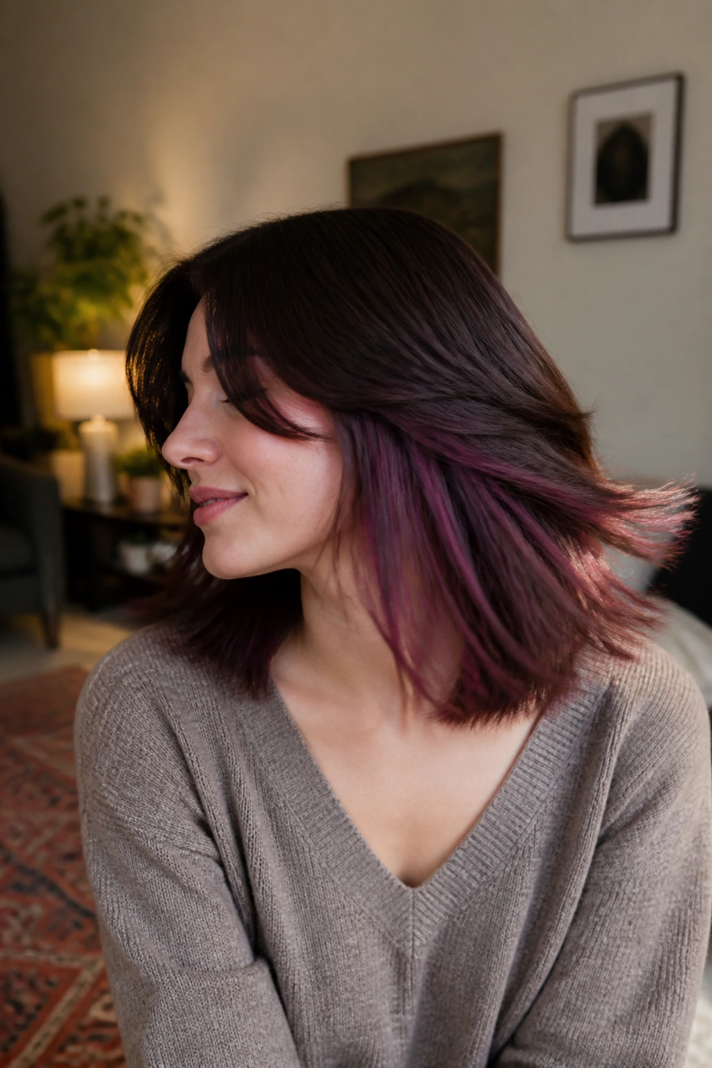 Portrait of a real person with underlayer plum panels visible under the top hair layer.