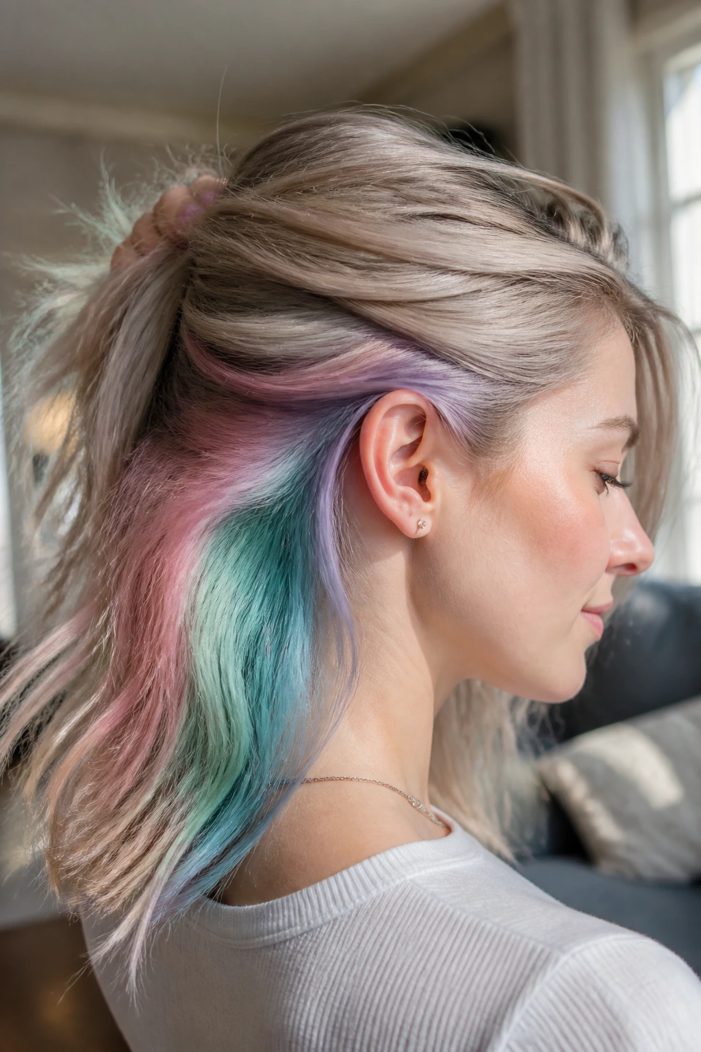 Close-up of a woman with hidden pastel rainbow panels under the crown