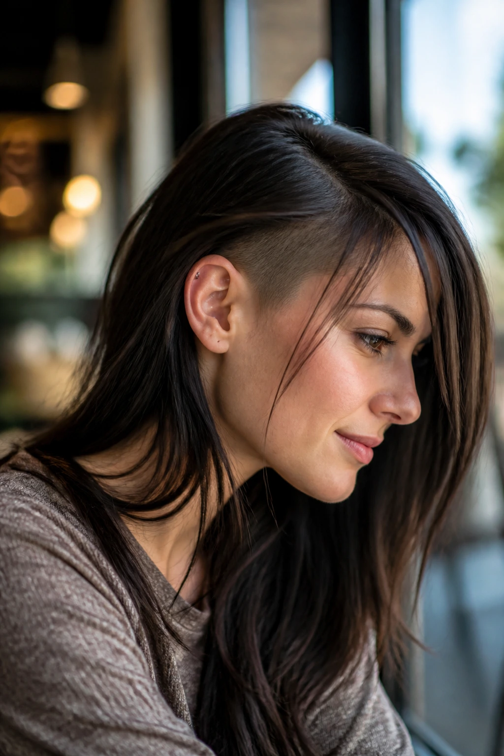 Portrait of a woman with peekaboo undercut beneath long layers.