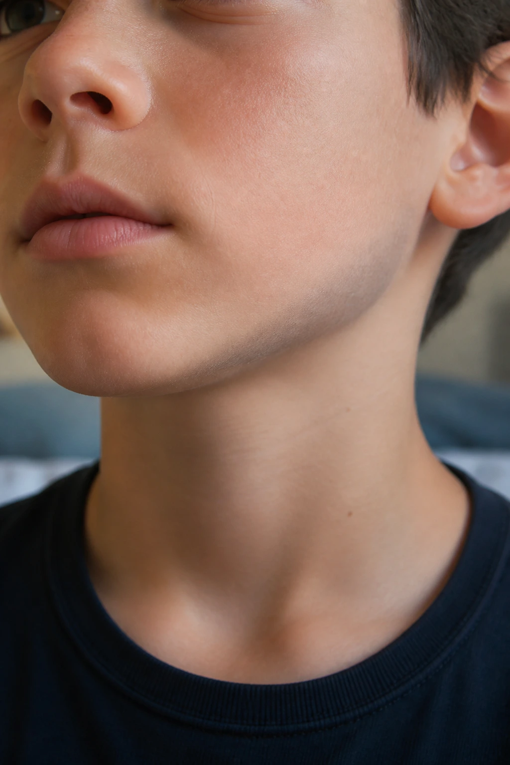 Close-up of a child with a barely-there pencil beard shadow along the jawline