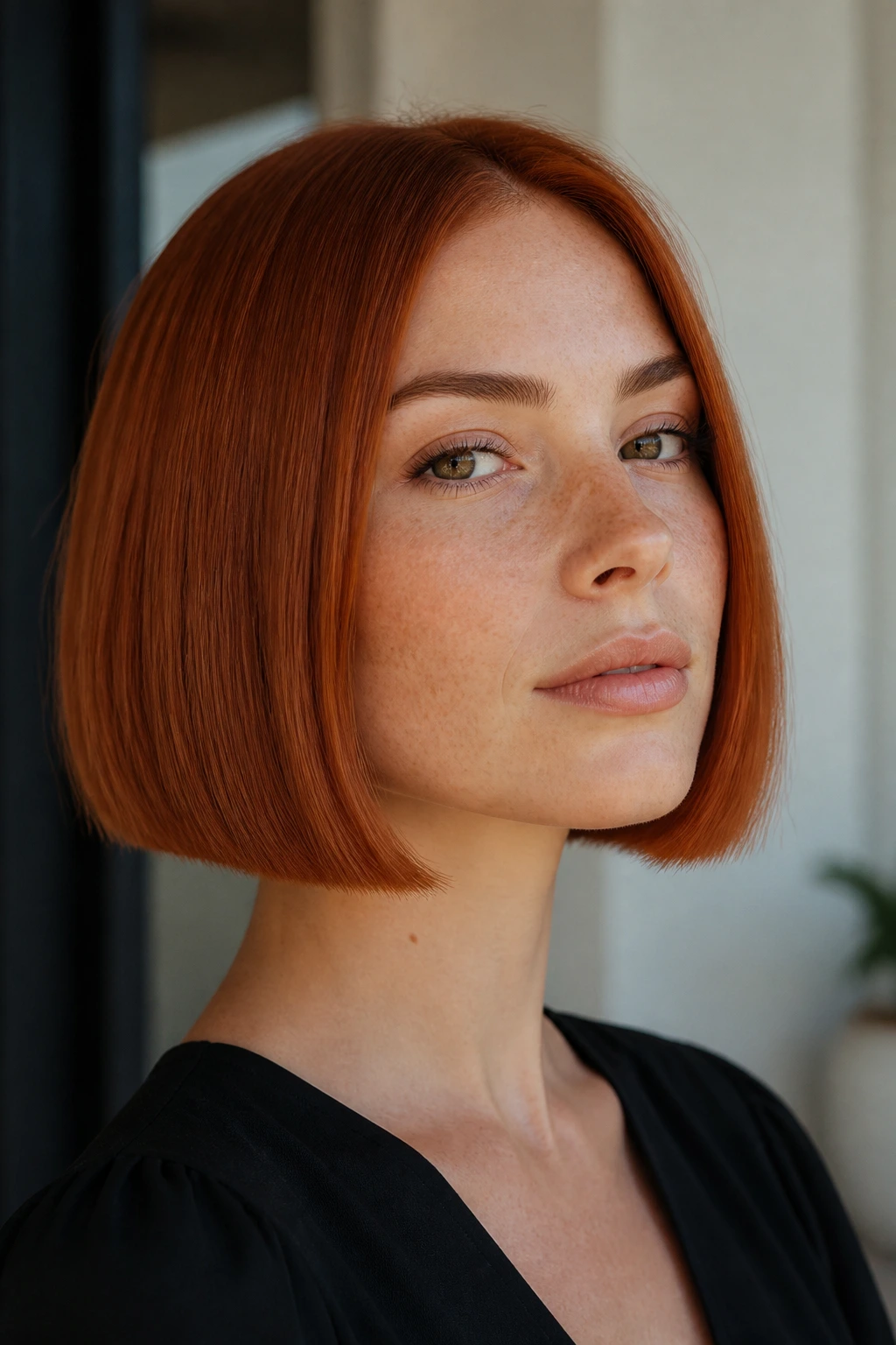 Close-up of penny copper blunt bob on a real person