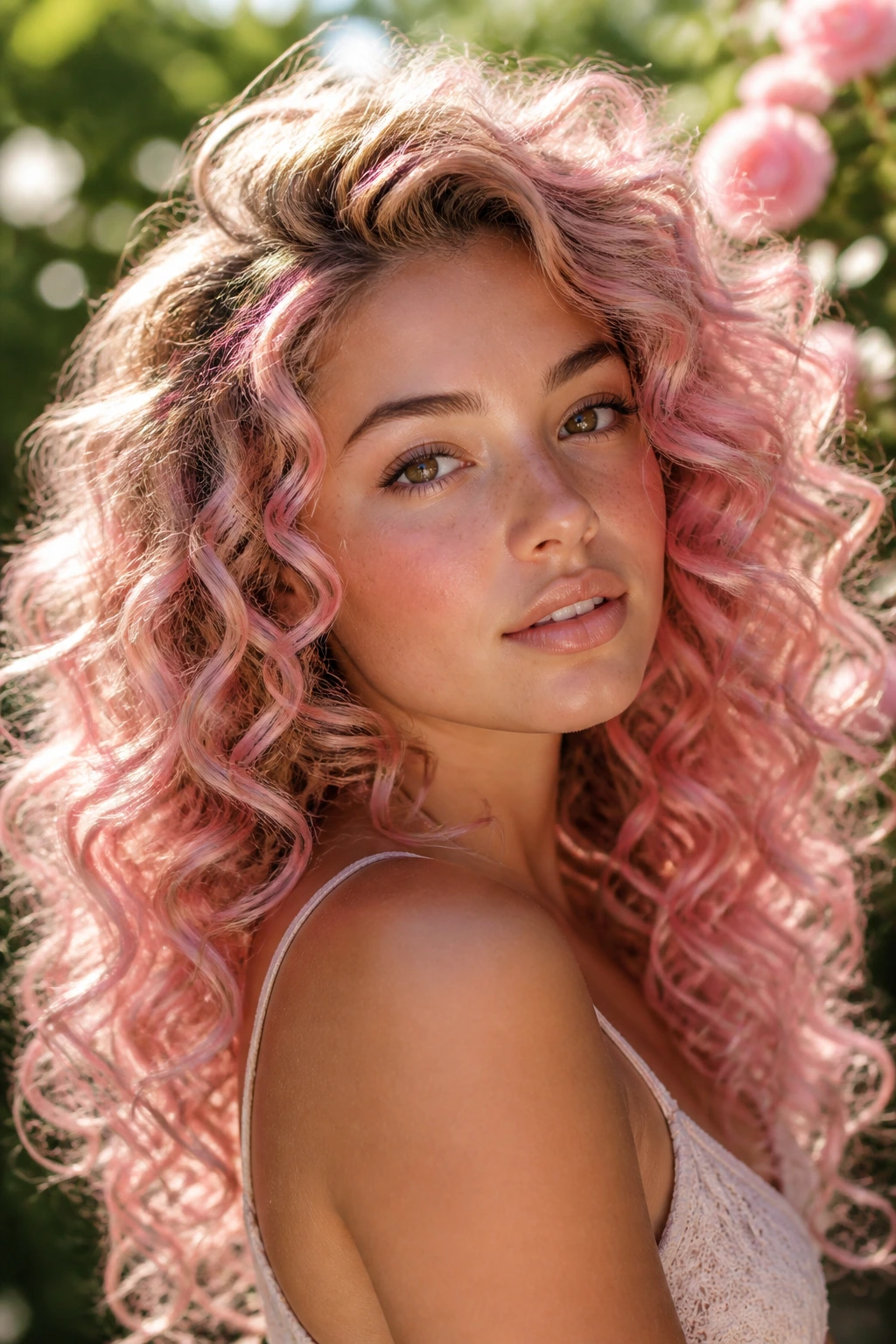 Close-up of peony curls with pink highlights on a real woman