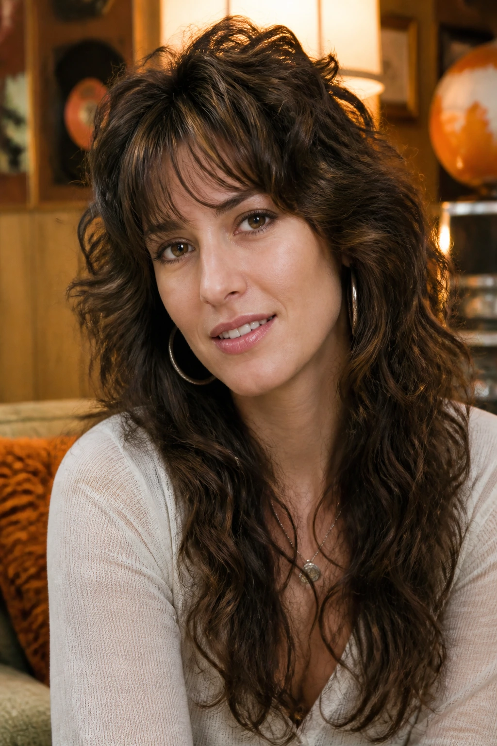Close-up portrait of a real woman with perm-friendly retro shag in a vintage-inspired room.
