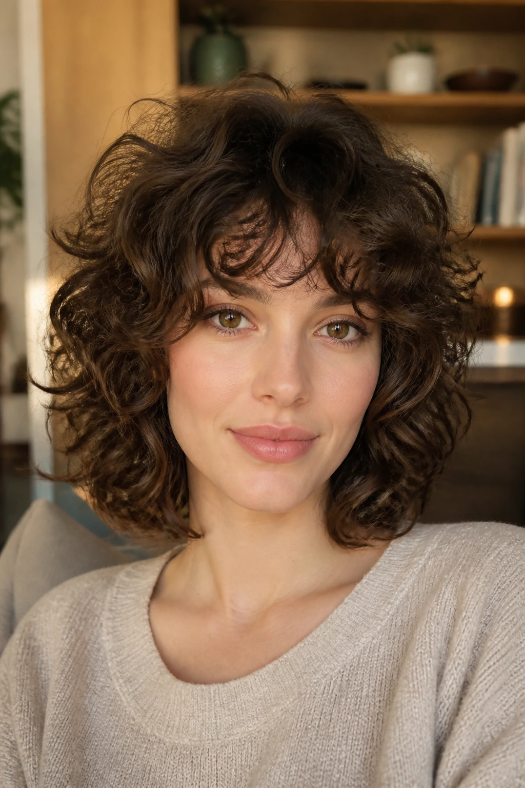 Close-up portrait of a woman with perm-friendly vintage shag in warm light