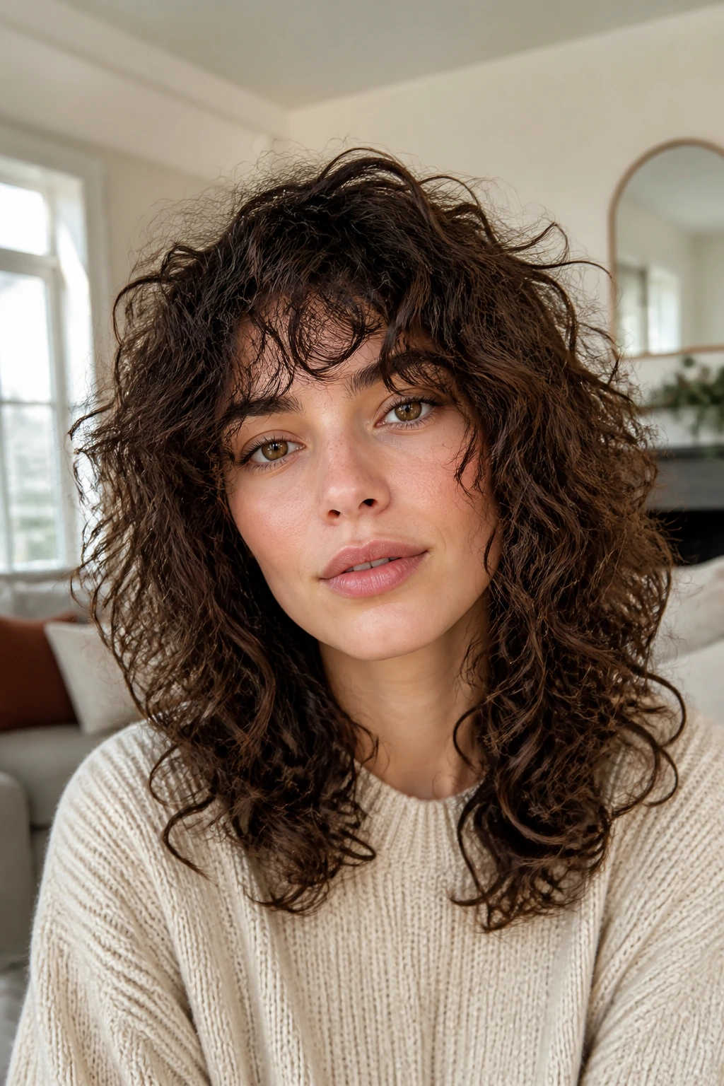 Close-up portrait of a woman with perm-ready shag and defined curls