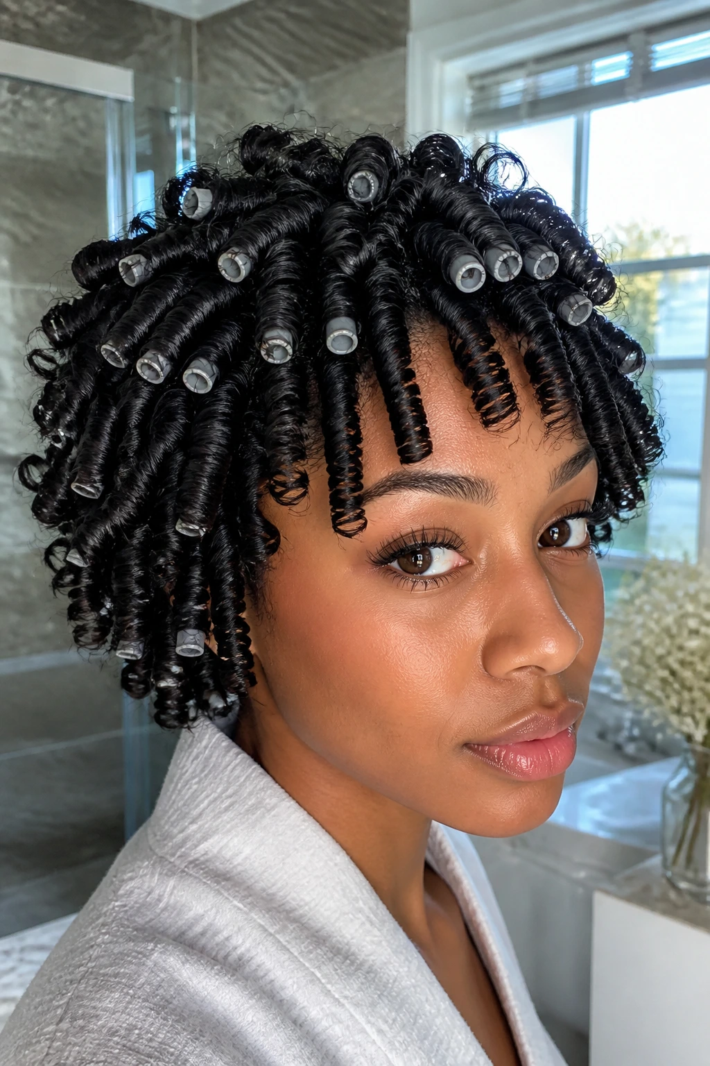 Close-up of a real woman with polished perm-rod coils