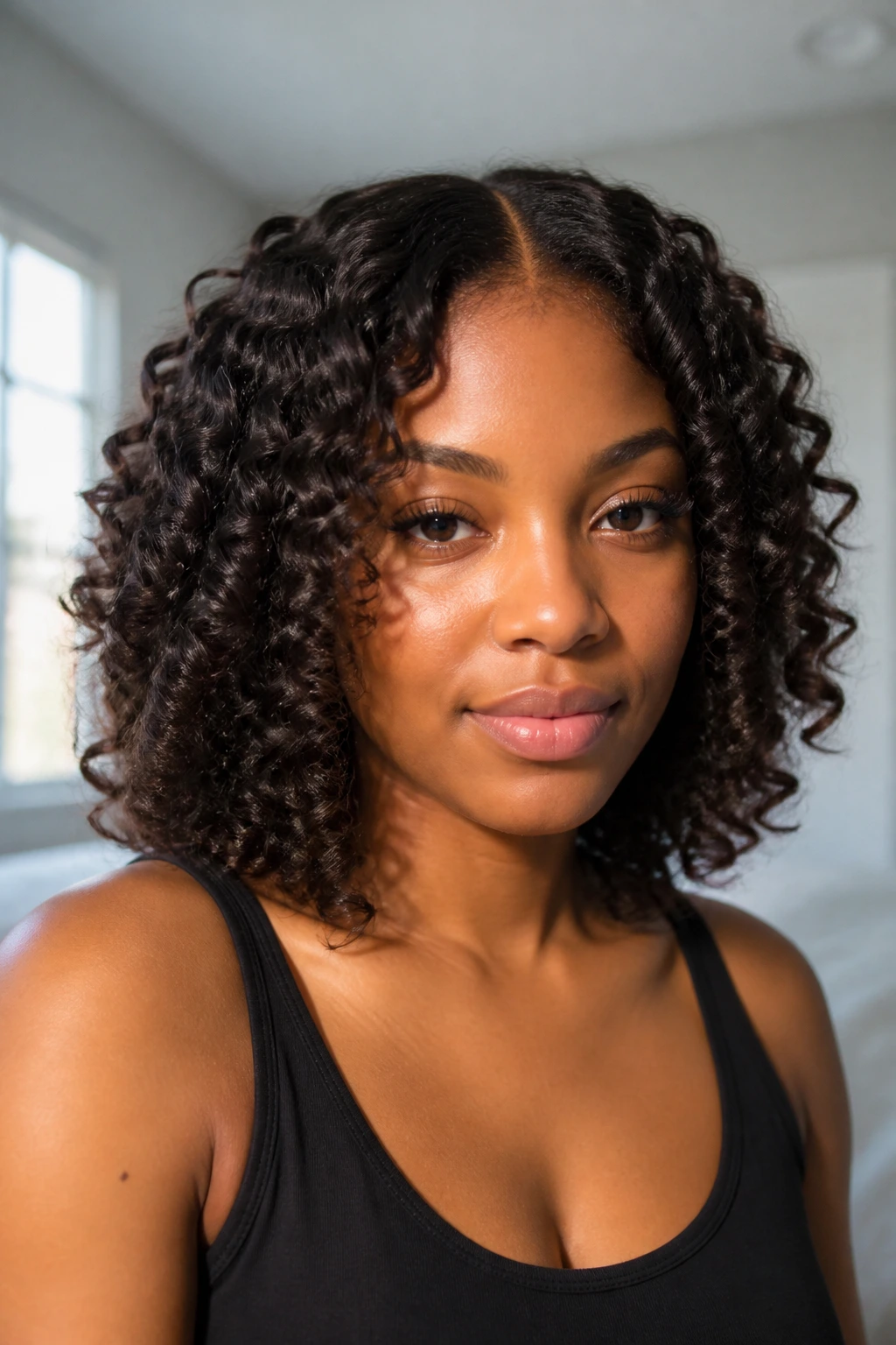 Close-up of a real woman with shoulder-length perm-rod curls in natural light