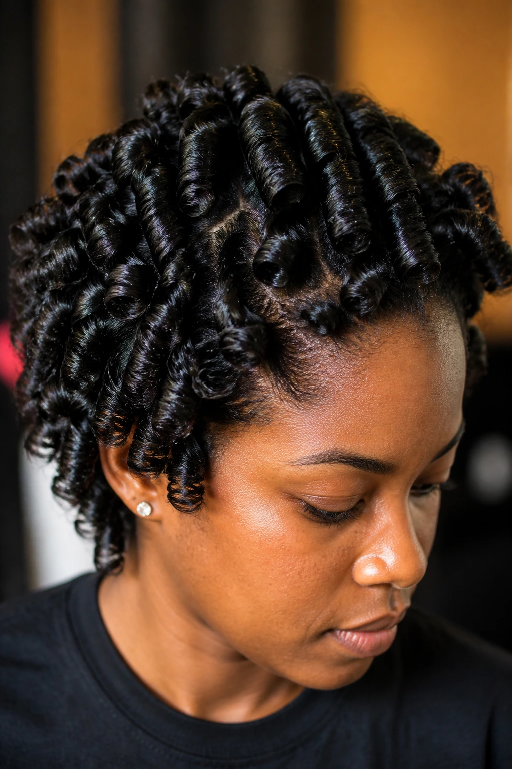 Close-up of a real Black woman with perm rod curls.