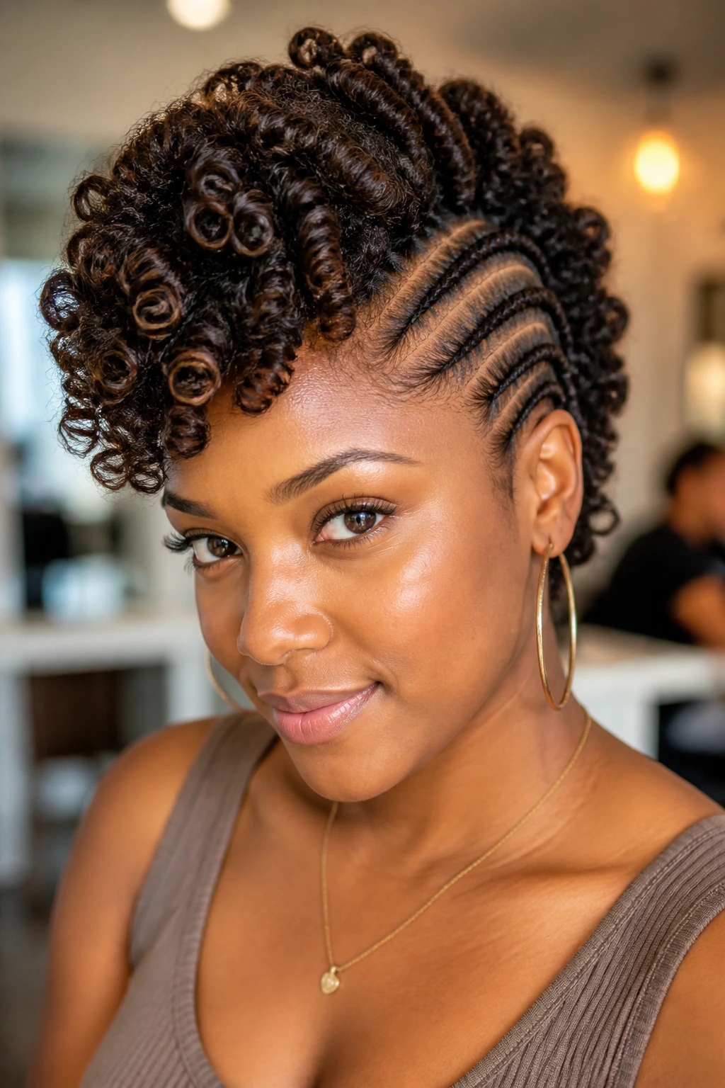 Real woman's perm-rod set hawk with side cornrows, close-up portrait.