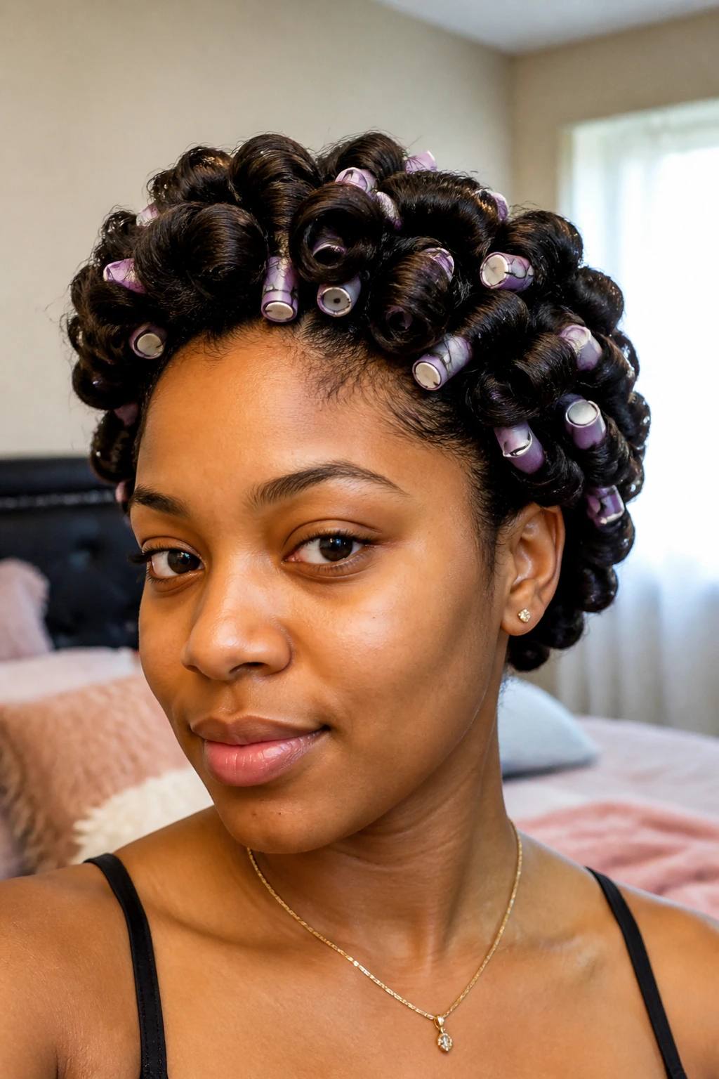 Close-up of a real Black woman's head with a perm rod set of tight curls.
