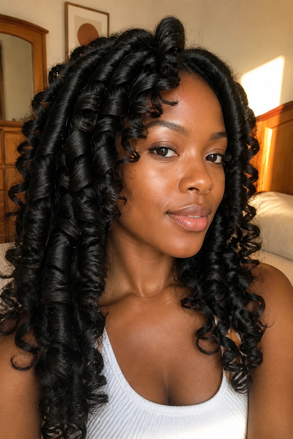 Close-up of a woman with a perm rod set long natural hair with uniform curls