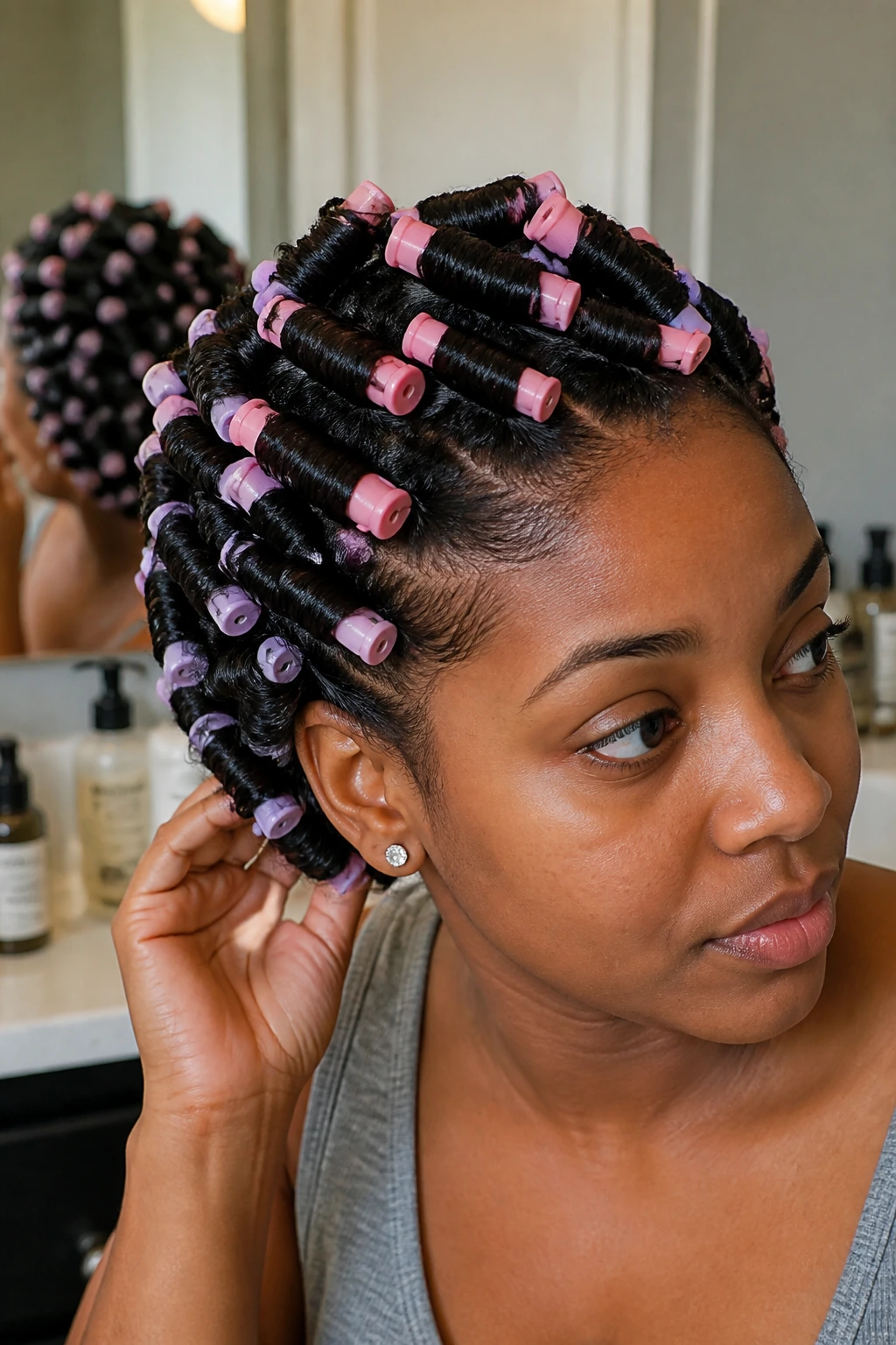Close-up of spiral curls formed by perm rod set on a real person