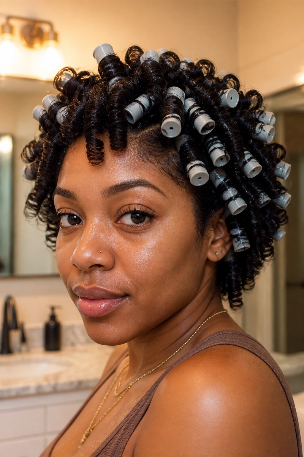 Close-up of a real woman with perm rod curls and tight, springy ends on 4c hair