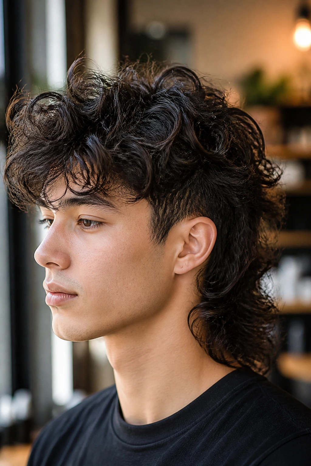 Close-up portrait of a real person with a permed mullet and airy movement in crown curls