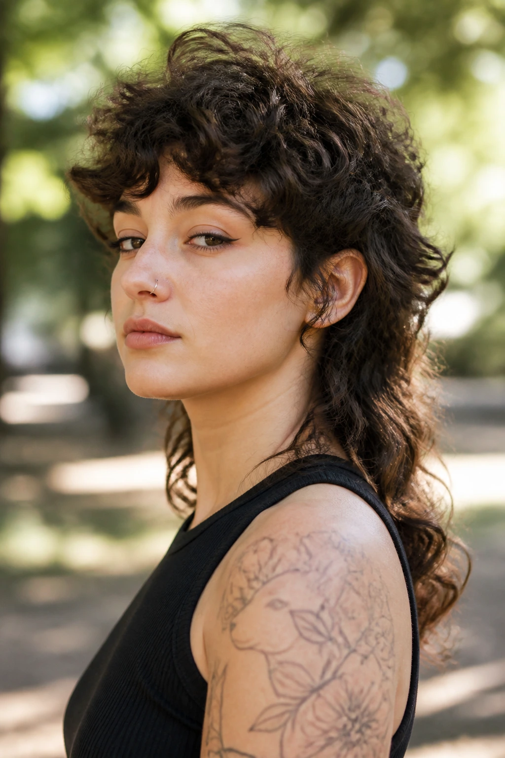 Close-up portrait of a real woman with a permed mullet and loose curls in natural light