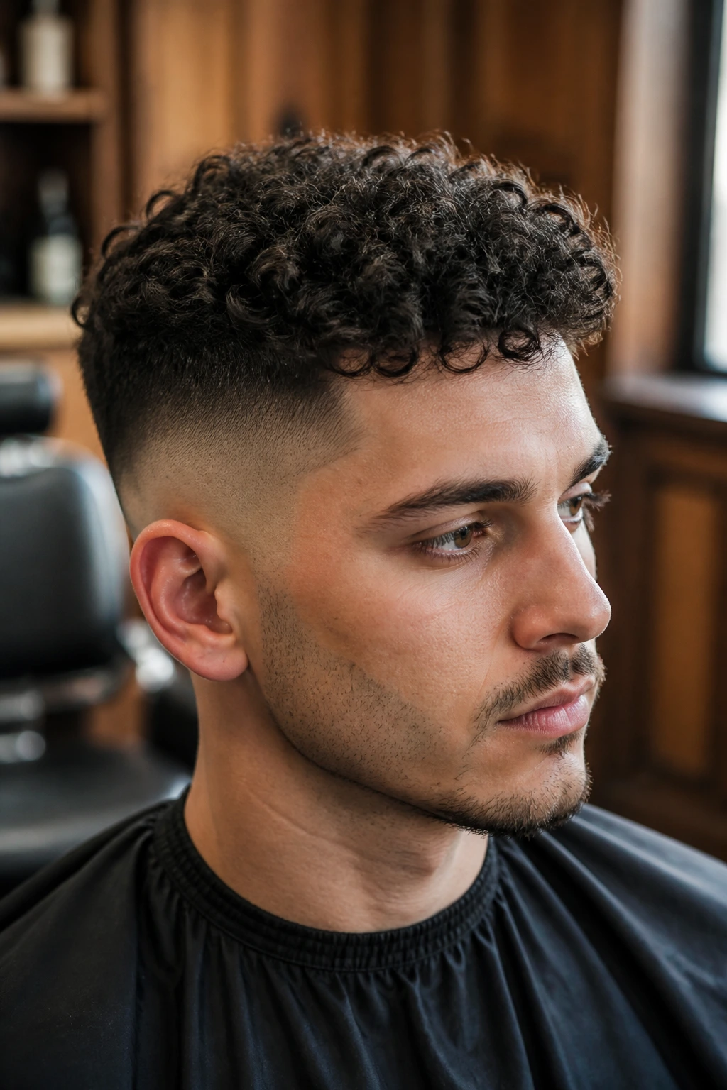 Close-up of man with permed top fade hairstyle in barbershop