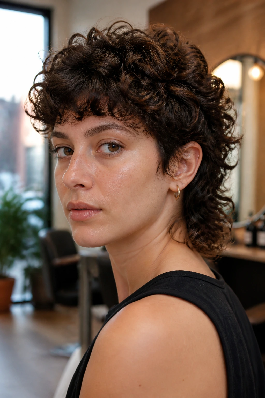 Close-up portrait of a real person with a permed wolf mullet hairstyle
