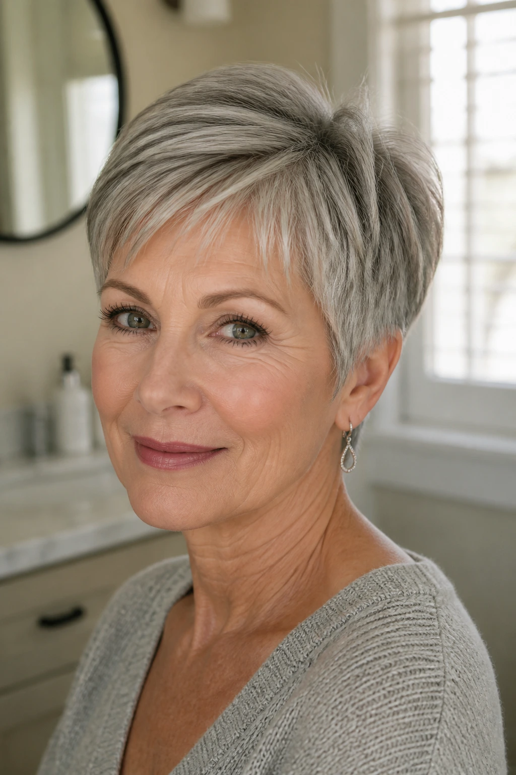 Portrait of a woman with a tailored short haircut in a warm home setting