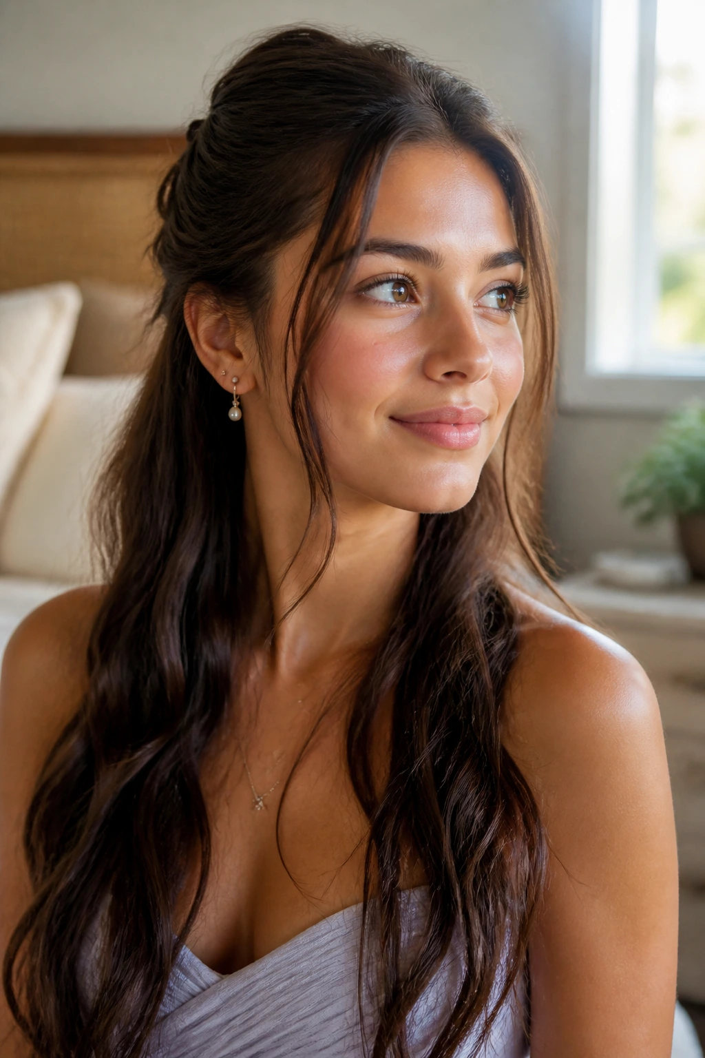 Close-up of a real person with a natural-feeling half-up hairstyle that still looks like her