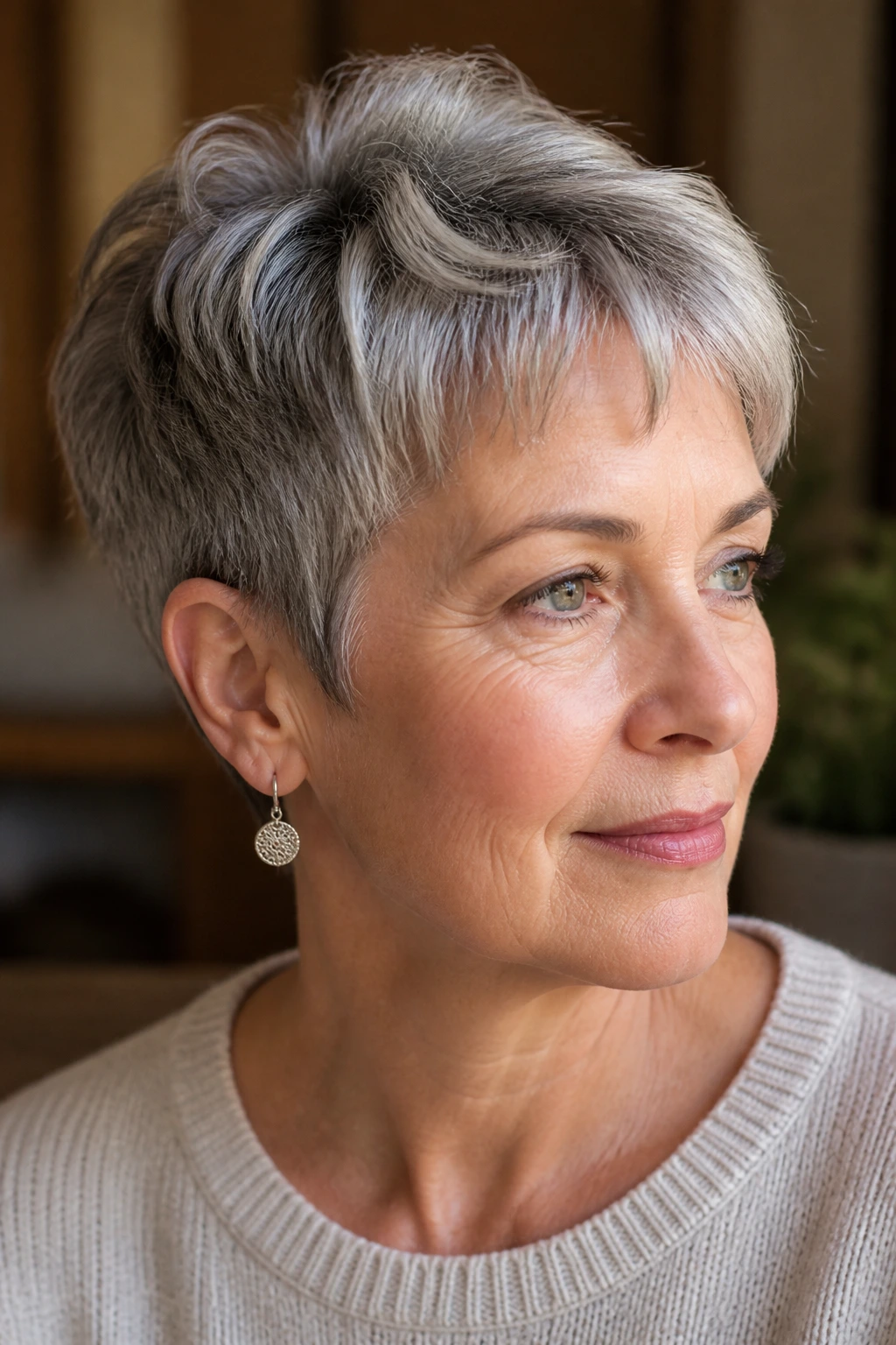 Close-up of a real woman with short hair and subtle earrings.