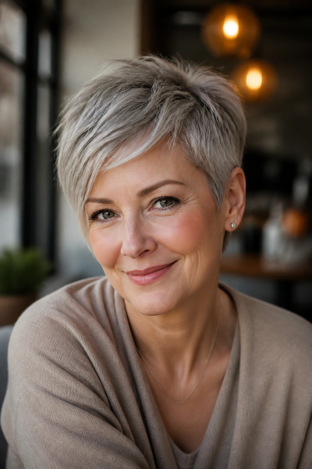 Portrait of a mature woman with textured short pixie showing personality
