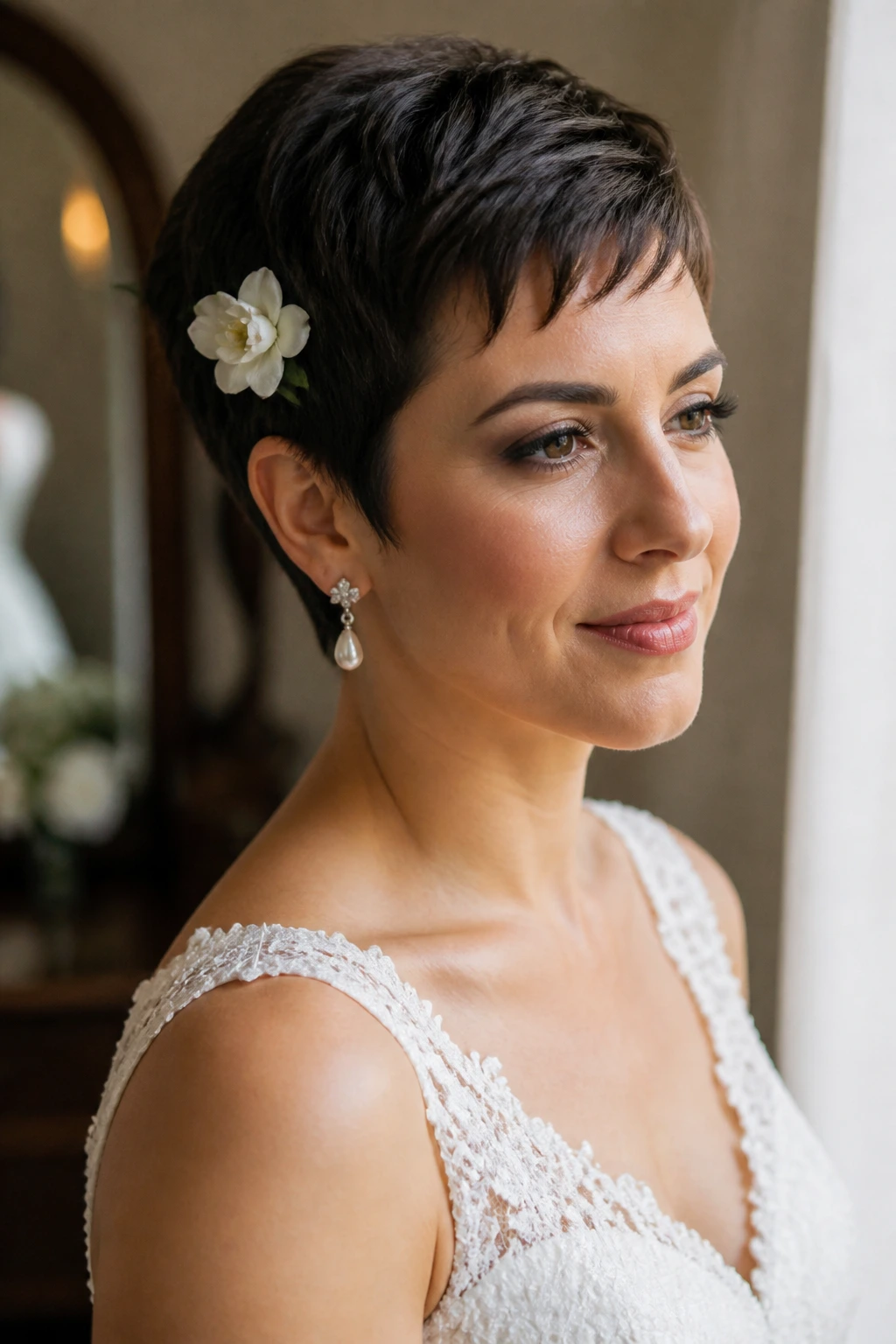 Bride with minimal pixie hairstyle and a small flower at the temple
