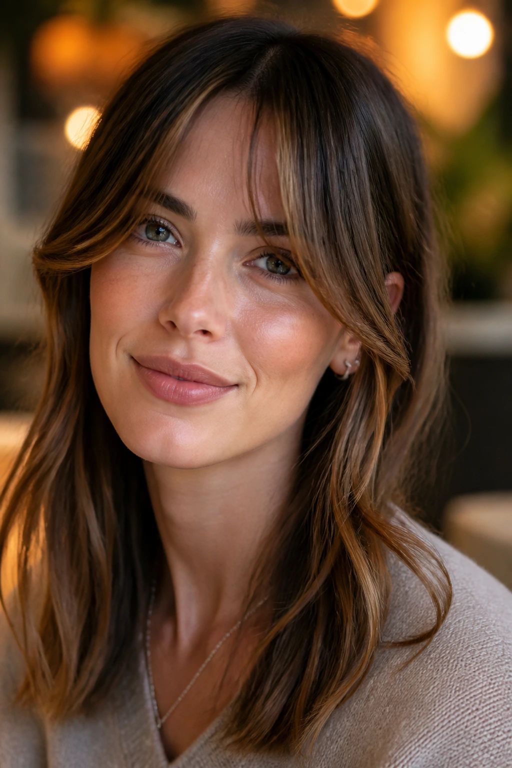 Portrait of a woman with personalized soft face-framing bangs.