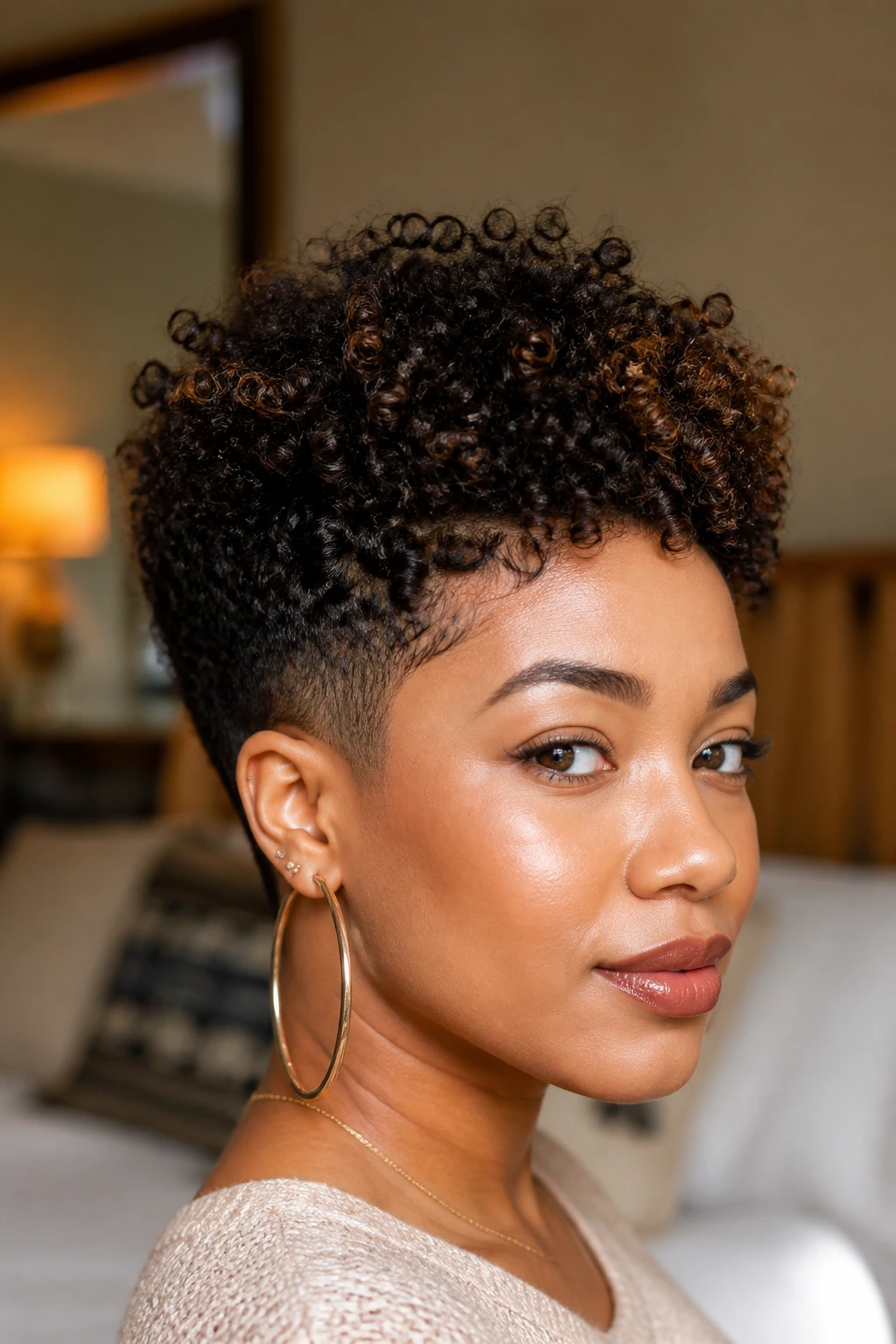 Person with a personalized curl cut featuring longer crown and tapered sides.