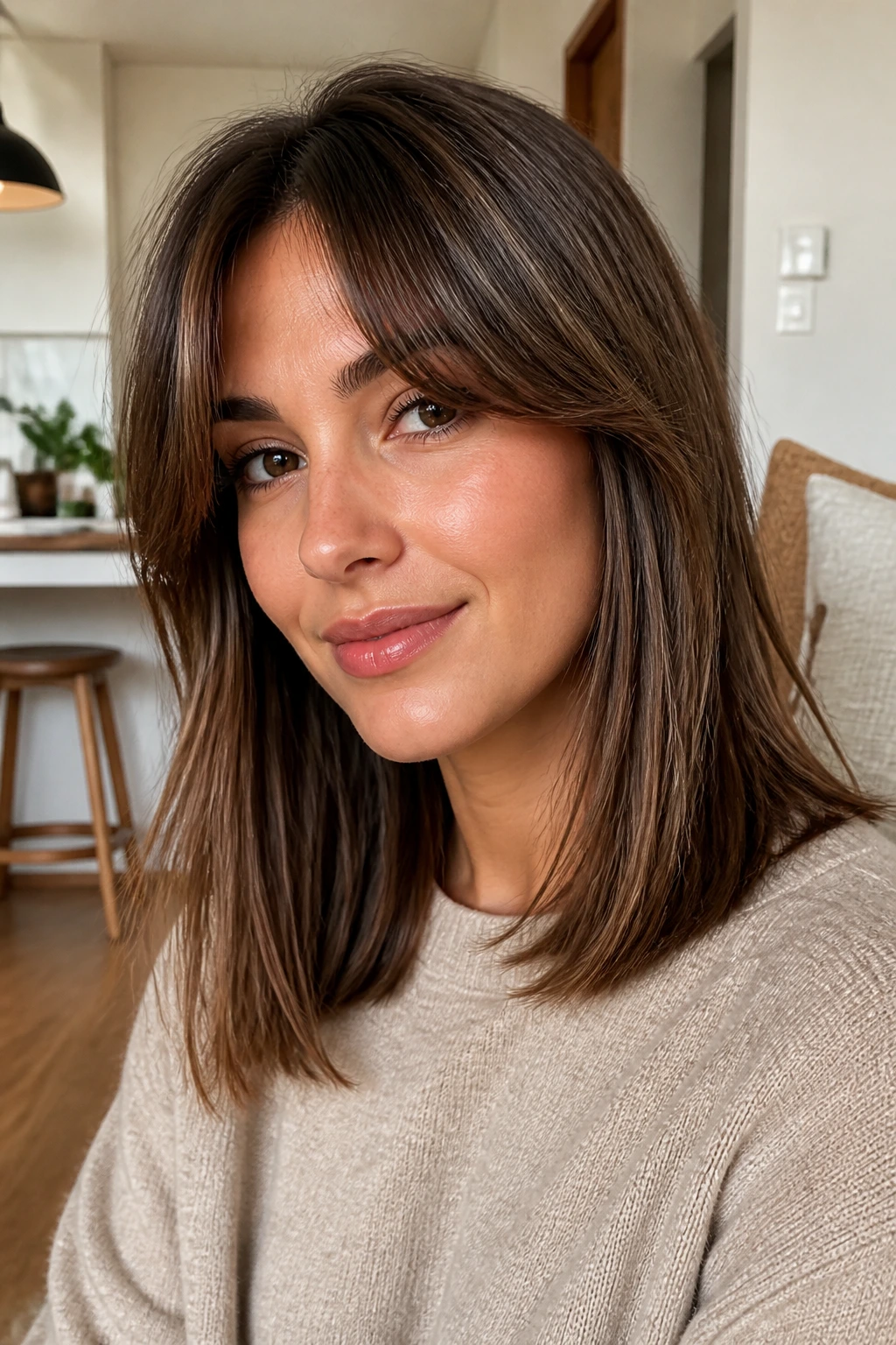 Portrait of a woman with a personalized medium-length straight cut including curtain fringe