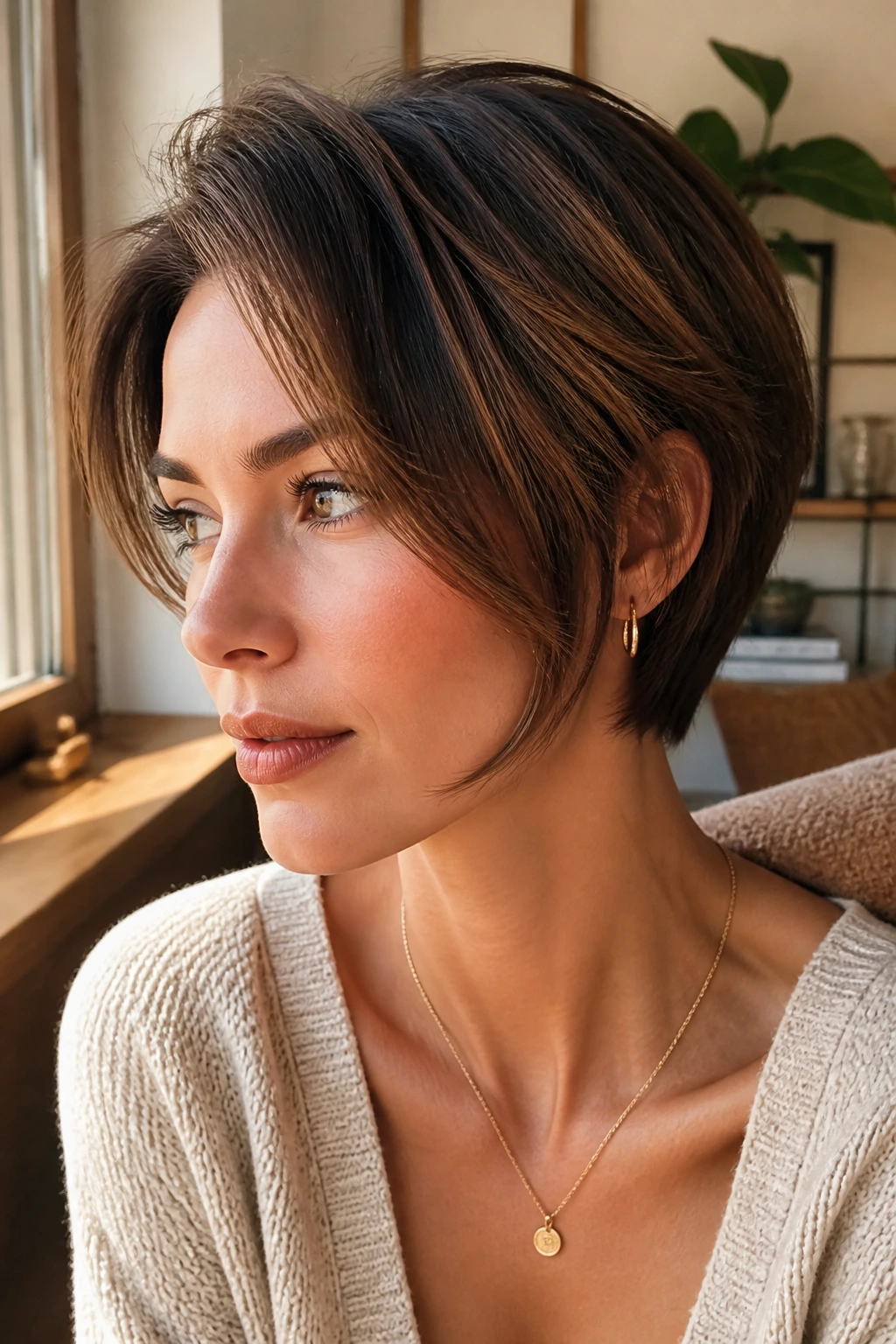 Portrait of a woman with short layered hair styled with a side part for a personalized look