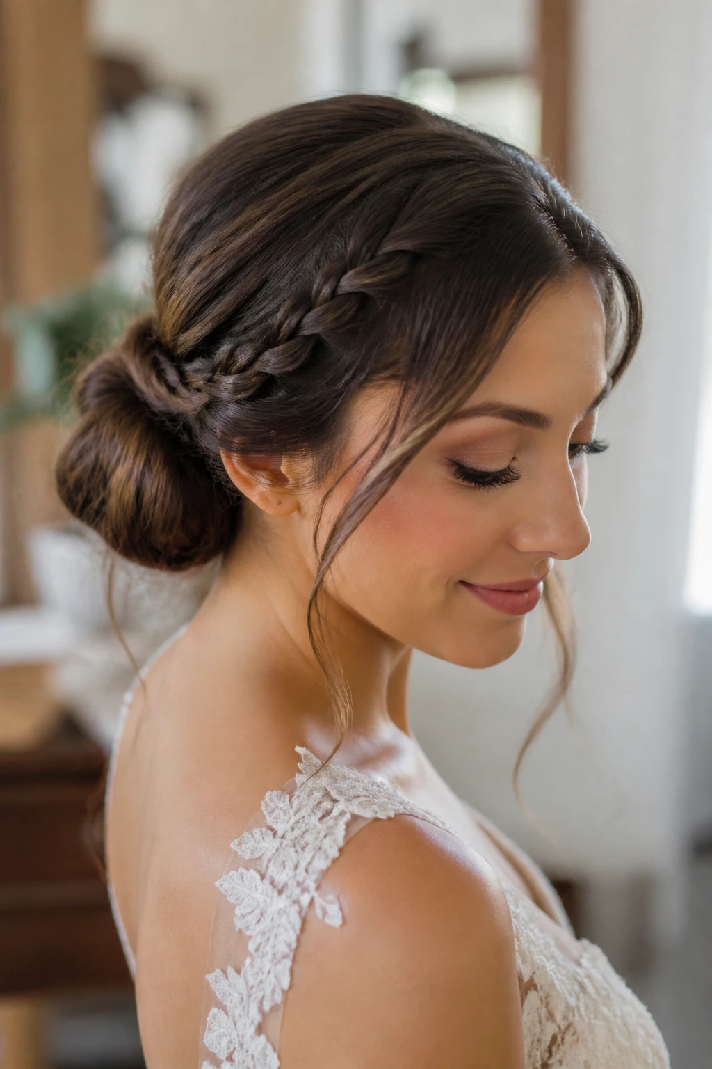 Close-up of a bride's hair with a subtle temple braid in a low bun