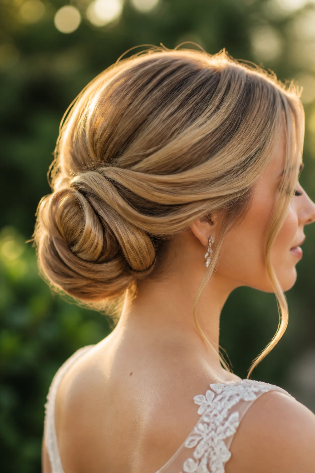 Close-up of a bride's sculpted petal low bun with overlapping folds