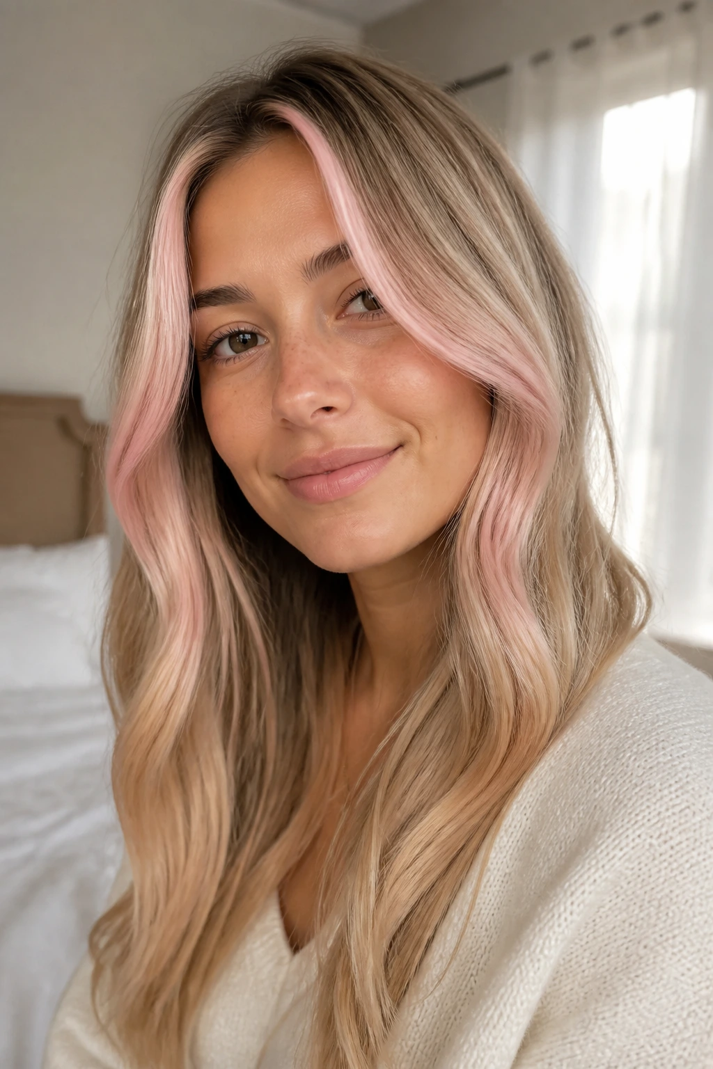 Real woman with petal pink face-framing ribbons around the face in soft room light