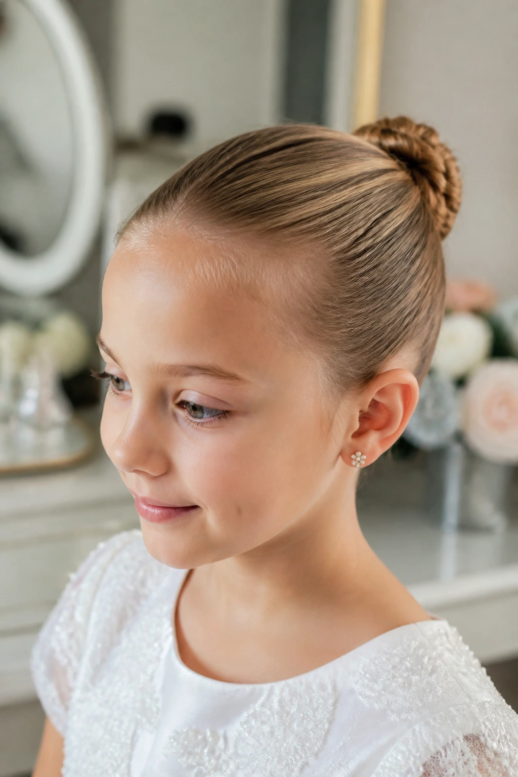 Close-up of a real child with a petite bun for fine hair