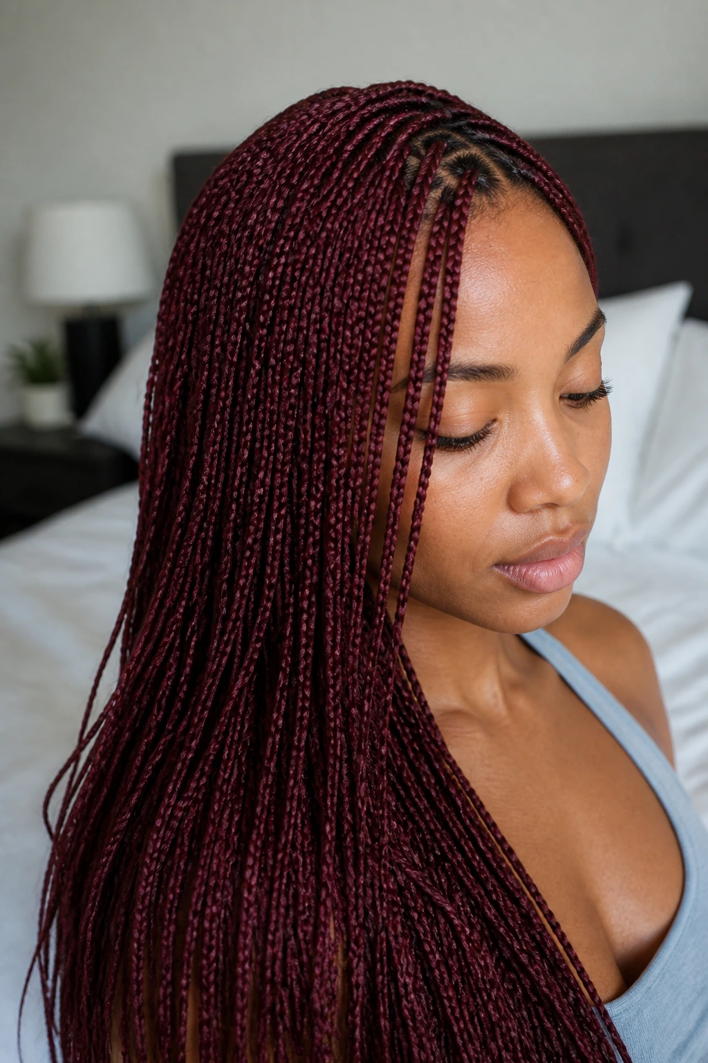 Close-up of petite burgundy knotless braids on a real person in natural light