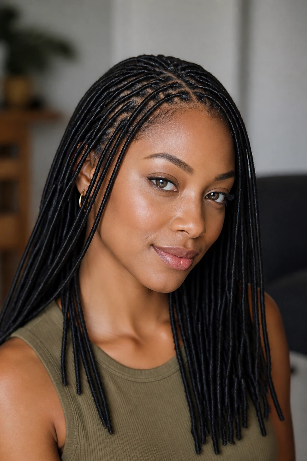 Close-up portrait of a real person with petite faux locs and skinny sections.