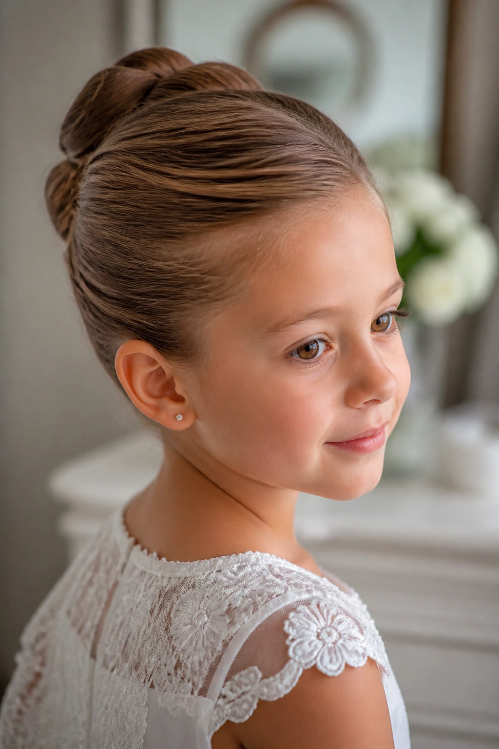 Close-up of a real child with a petite French roll tucked near the crown