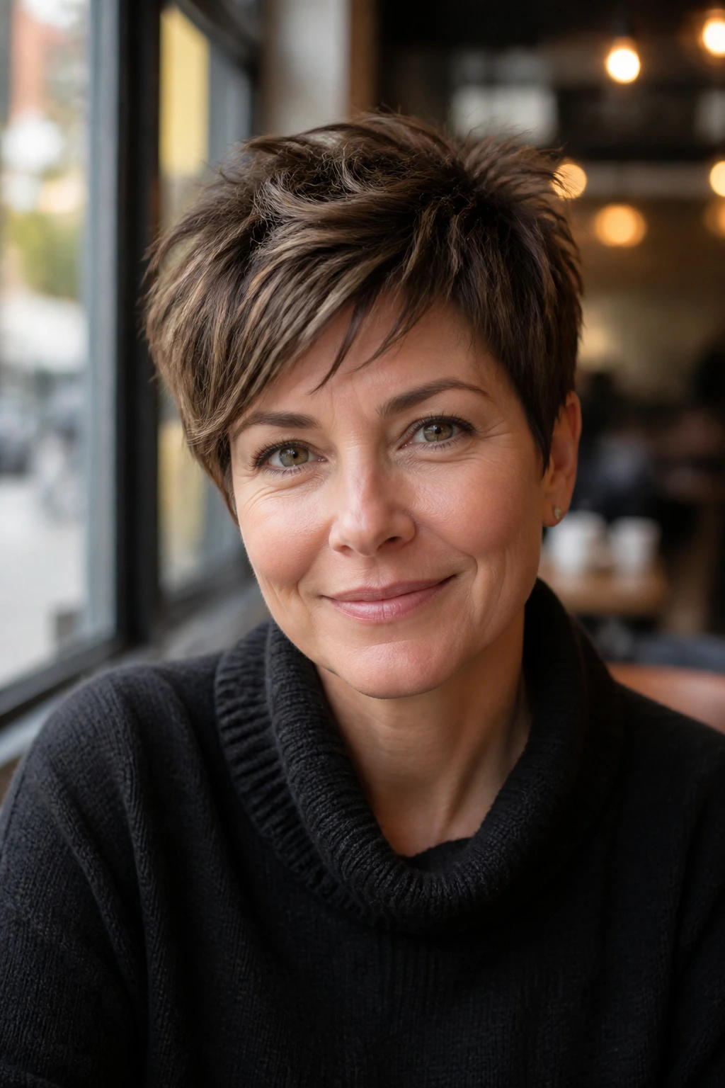 Close-up of a real woman with petite oval-face pixie in a cafe window light