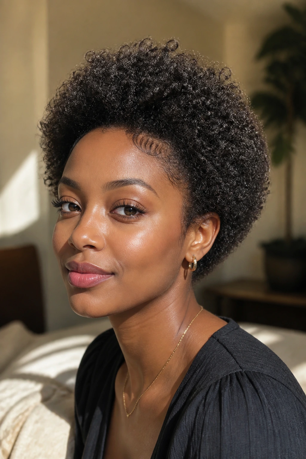 Close-up of a real person with a petite rounded afro