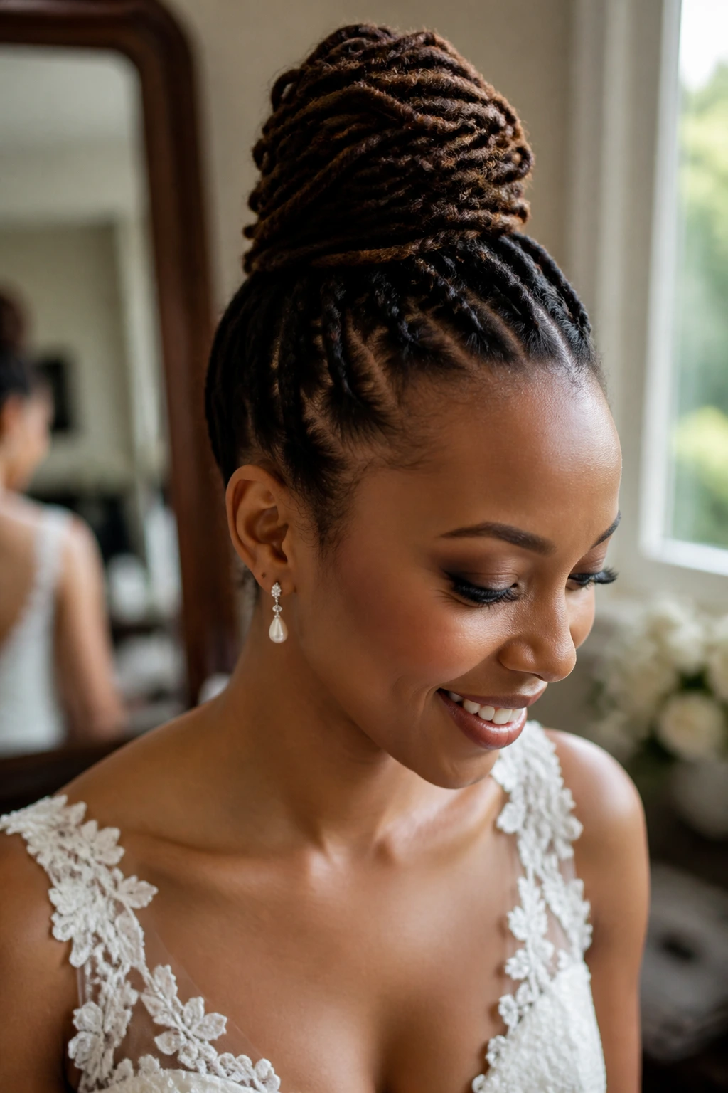 Close-up portrait of a real bride with a petite top knot for shorter locs, natural window light