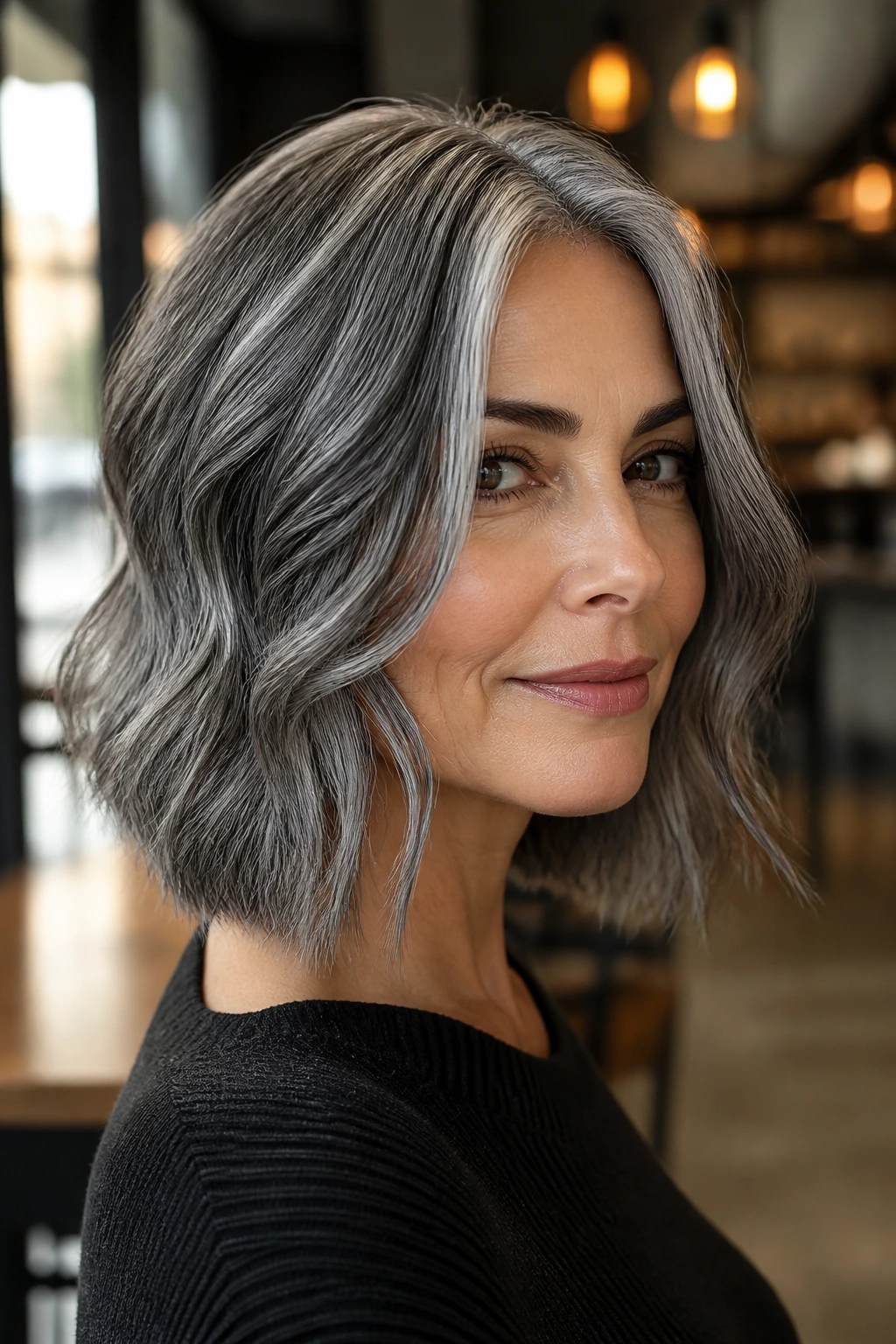 Close-up of a real woman with pewter balayage and dark lowlights on shoulder-length hair