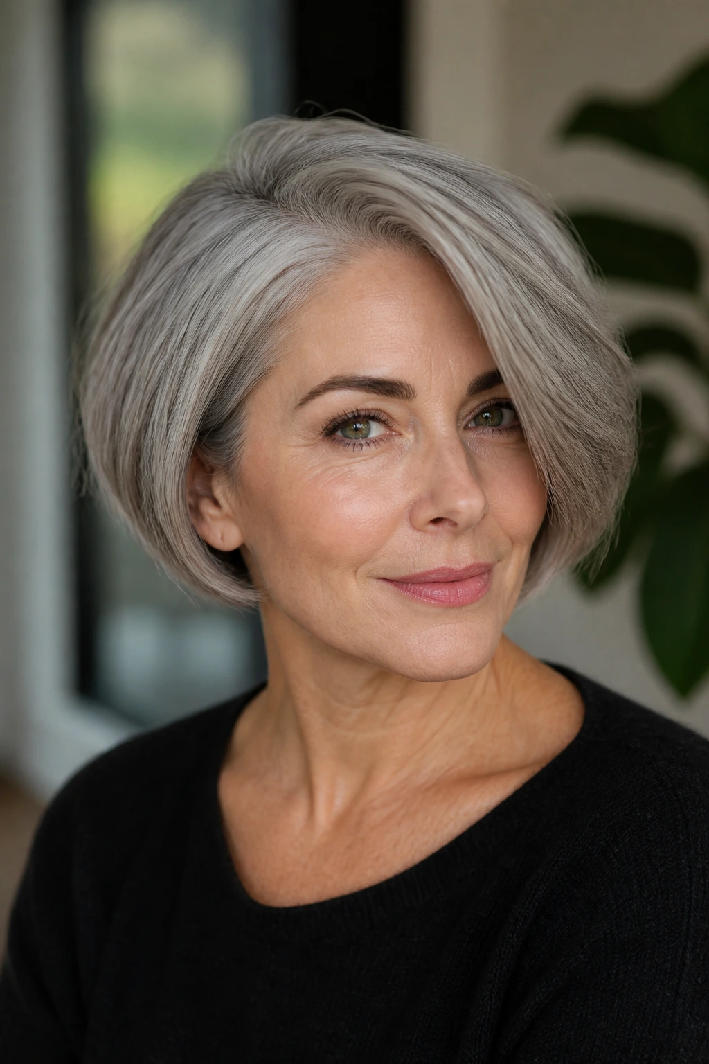 Close-up of a pewter bob with a side sweep on a real person
